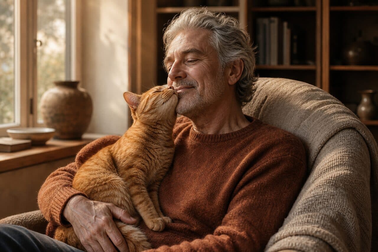 A man sharing a tender moment with his orange tabby cat