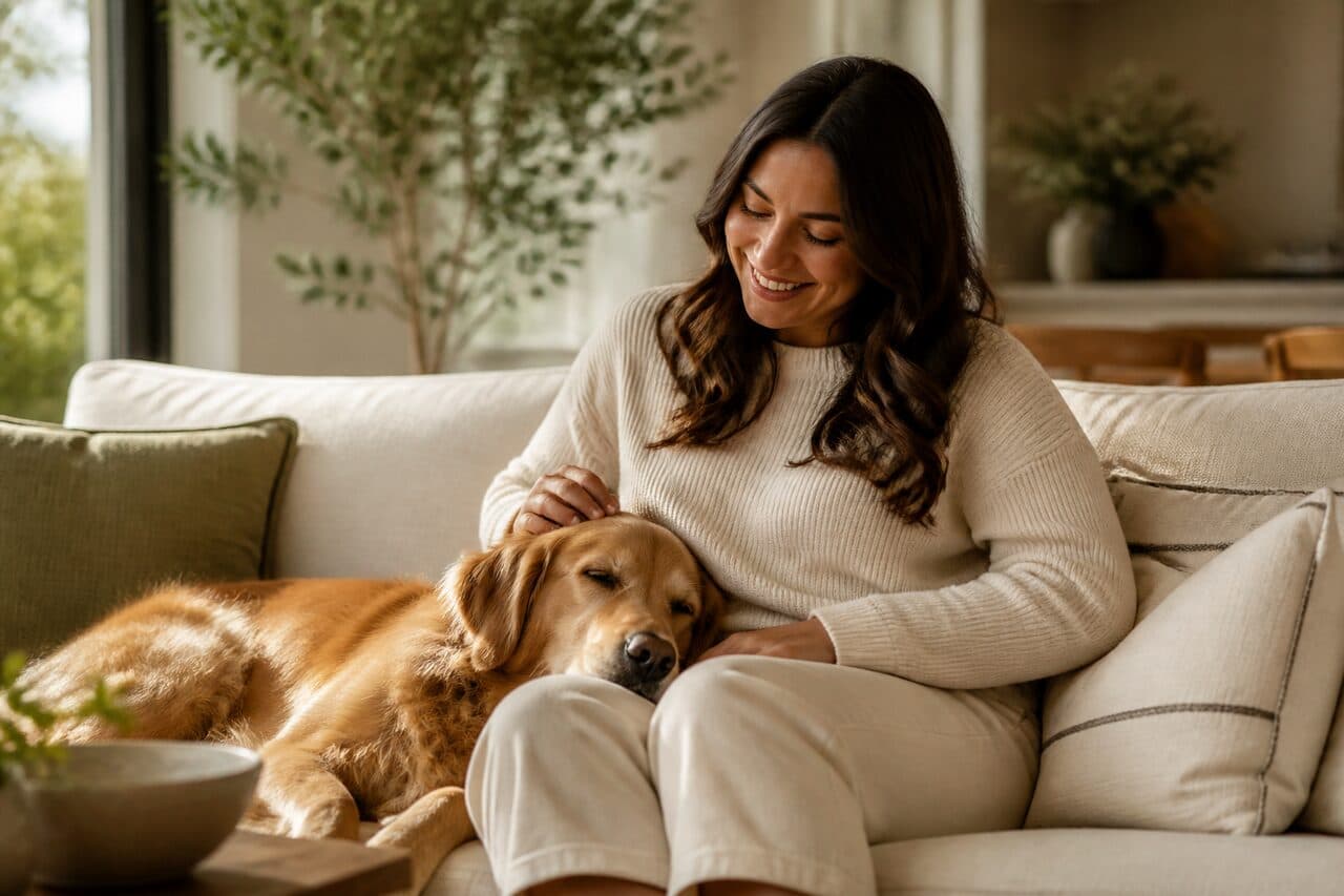 A woman relaxing on a sofa with her golden retriever