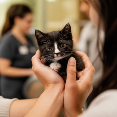 A tiny kitten held gently in cupped hands