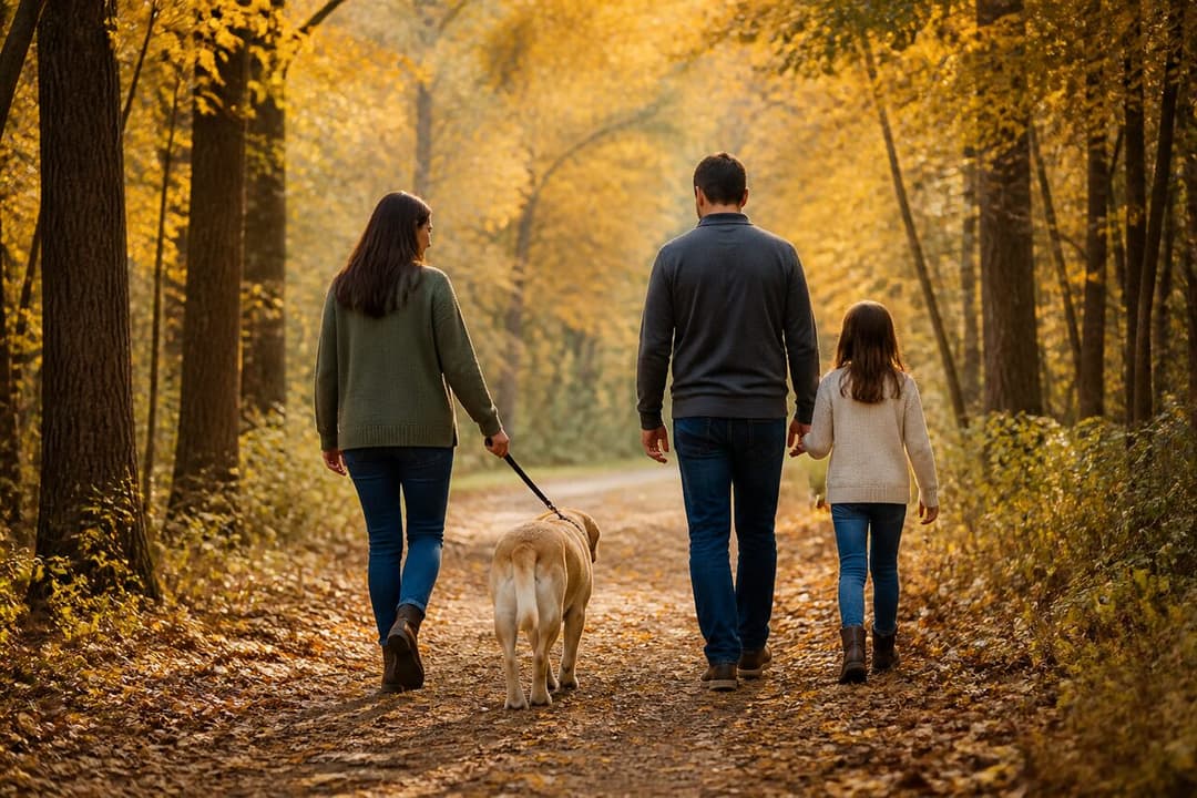 A family walking their dog through an autumn park