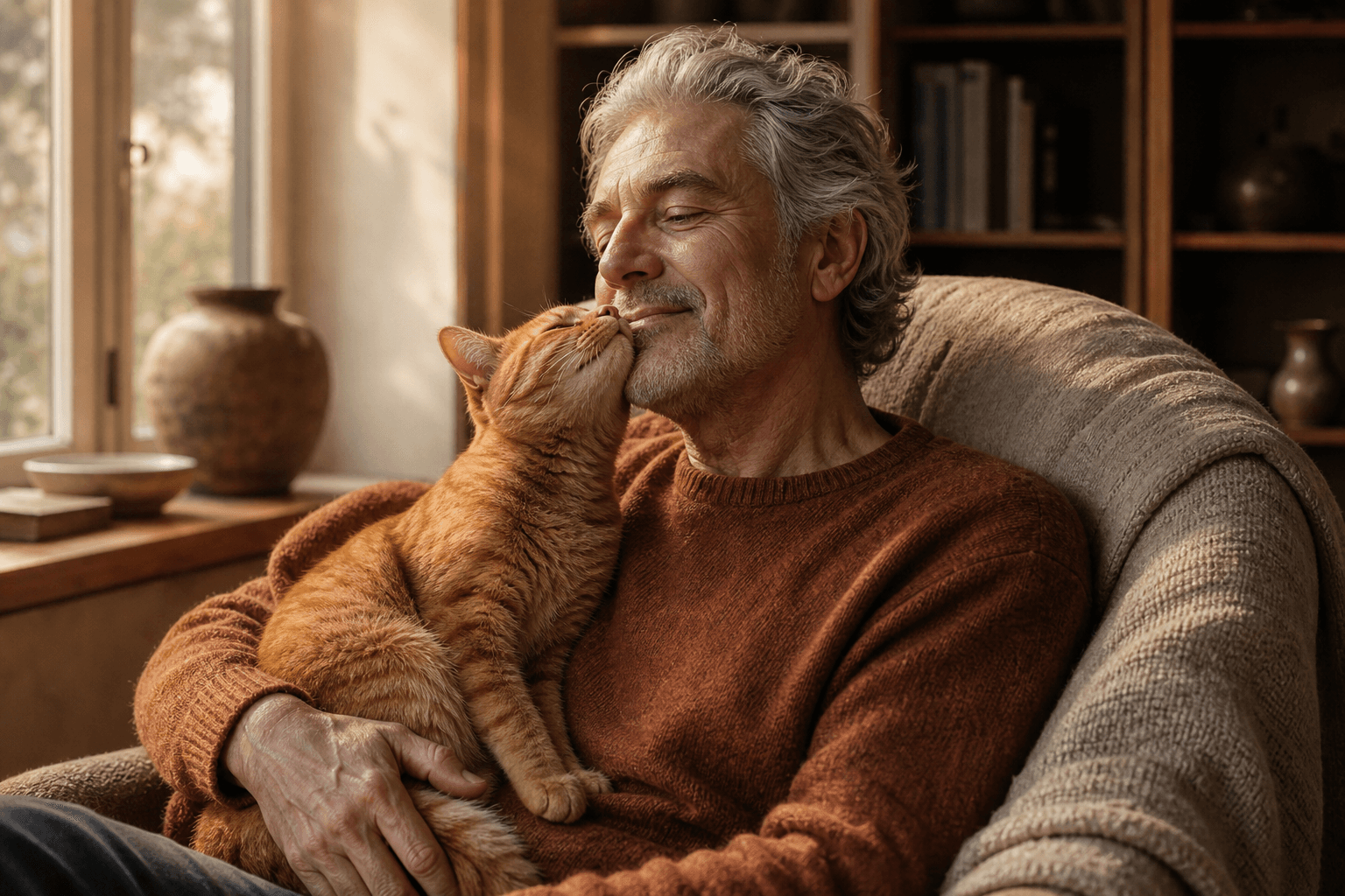 A man sharing a tender moment with his orange tabby cat